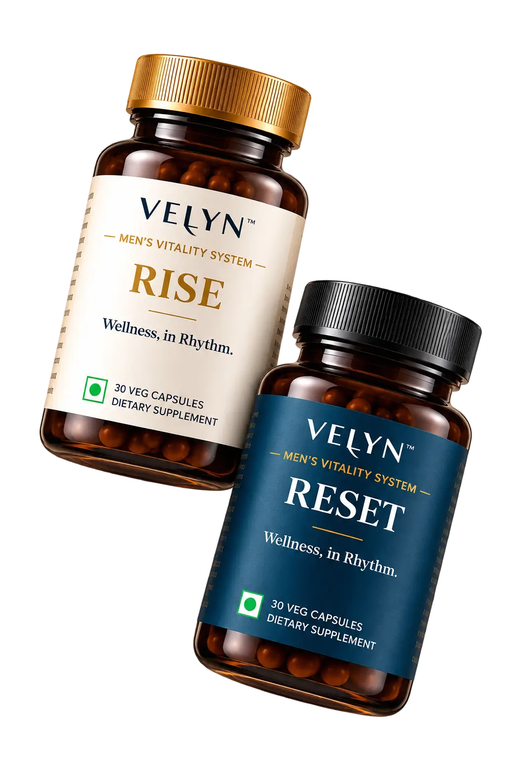 Velyn Rise and Reset men's vitality supplements in amber bottles with gold and navy labels.